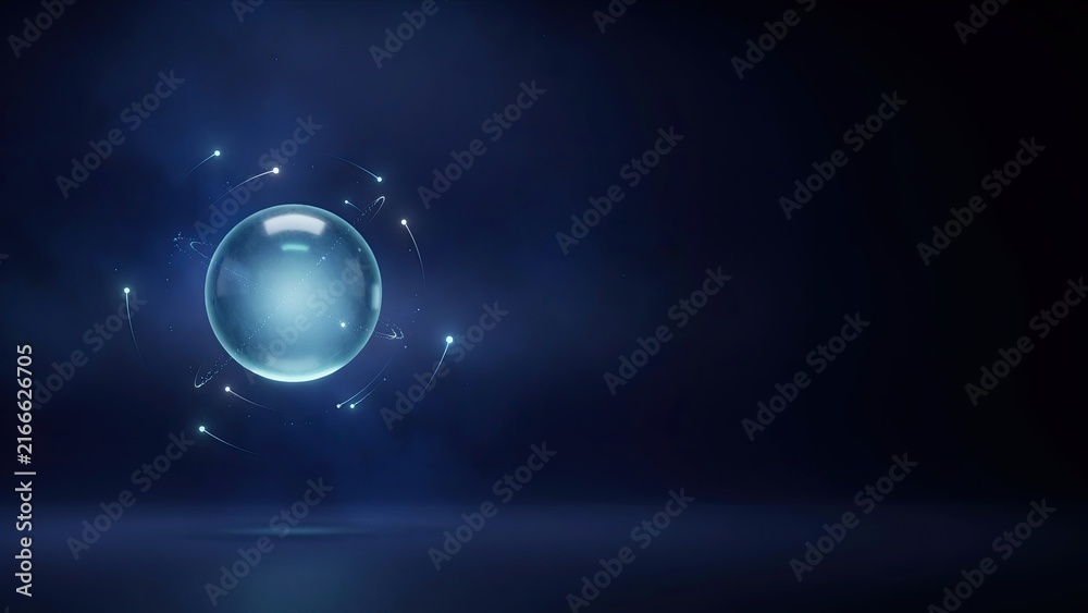 Fototapeta premium Glowing energy sphere floating mysteriously in a dark atmospheric smoky room space.
