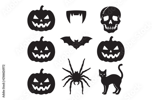 Halloween silhouettes of pumpkins fangs skull bat spider and black cat on white