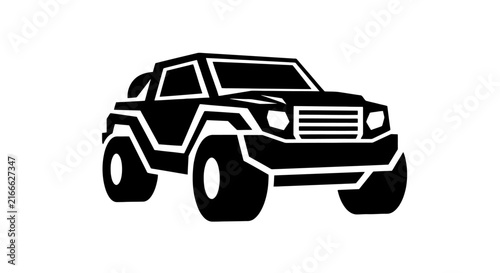 Black and white vector illustration of an aggressive off-road vehicle silhouette featuring large monster truck wheels, heavy-duty suspension, and a bold rugged body design