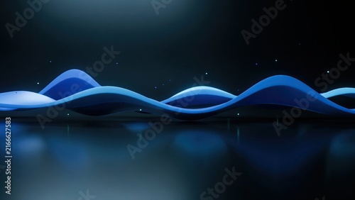 Blue waves undulate gracefully across a reflective dark surface under ambient studio lighting.