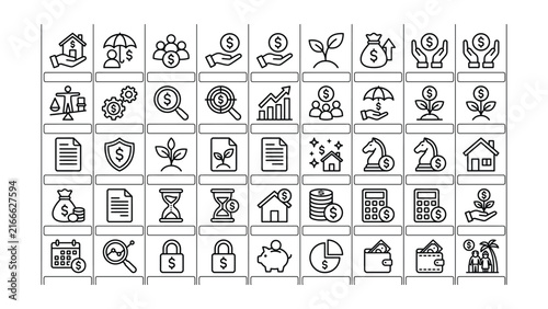 Collection of financial and business icons with transparent background for various uses