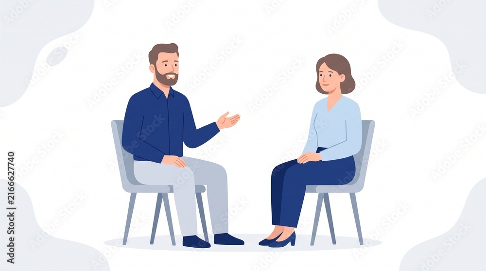 Obraz premium Professional man with brown beard and woman having a productive office conversation while sitting on grey chairs in bright minimalist studio setting during a casual business meeting or therapy session
