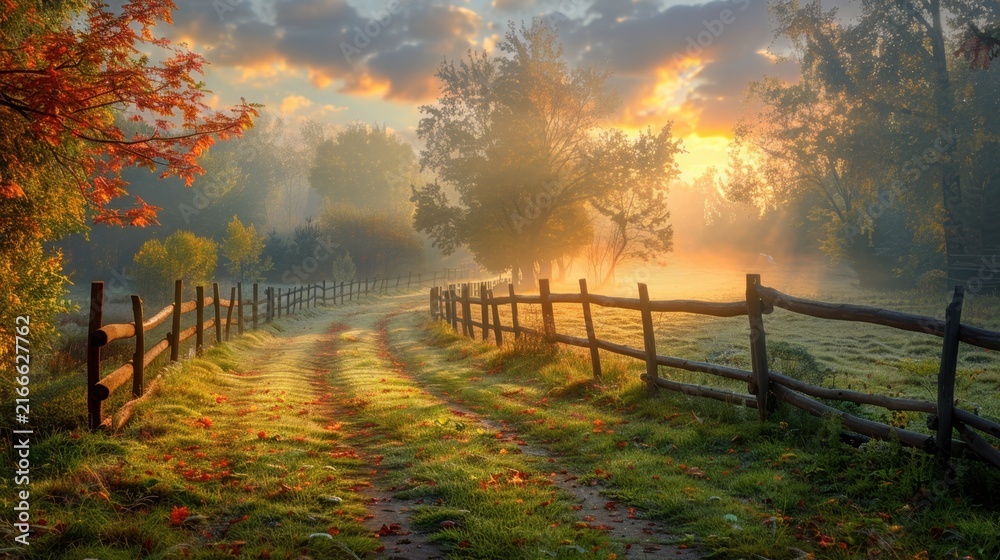 Obraz premium Country garden with wooden fence and morning mist