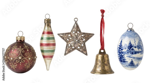 Vintage Christmas ornaments isolated on a transparent background. A red Christmas tree ornament, striped icicle, metal star, brass bell, and blue egg decorate a winter village.