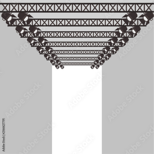 Vector illustration of a symmetrical stage lighting rig with spotlights and metal trusses forming a perspective frame around a white opening