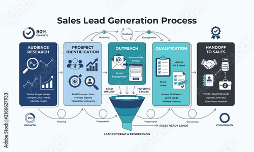 Sales lead generation process flow chart showing audience research prospect identification and outreach stages.