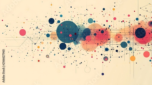 Abstract Network of Connections: A vibrant and complex abstract design featuring a network of interconnected circles and dots in various sizes and colors.