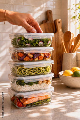 Woman stacking glass meal prep containers filled with healthy balanced lunches on kitchen counter with copy space