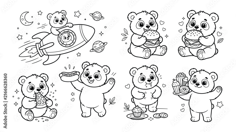 Obraz premium Cute bear cartoon outline collection eating fast food burger pizza hotdog fries playful poses vector illustration set isolated on white background