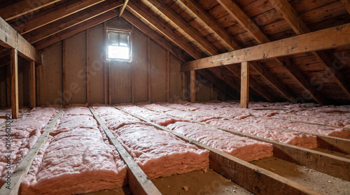 Fresh fiberglass insulation batts laid between the wooden joists of a residential attic