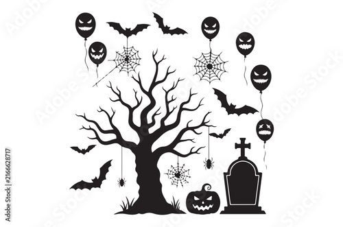 Halloween scene with bare tree bats and tombstone black silhouette style