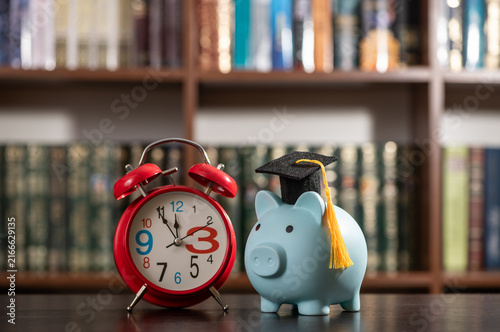 A conceptual image representing the cost of education, science funding, and financial literacy, featuring an academic cap and a piggy bank
