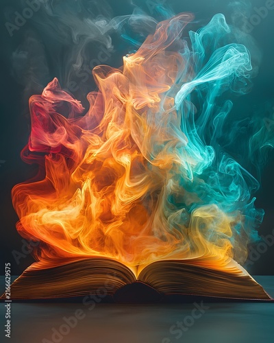 The Unfolding Tale: An open book releases a vibrant, mystical cloud of colorful smoke, swirling with fiery reds, warm oranges, and cool blues, symbolizing knowledge and imagination.