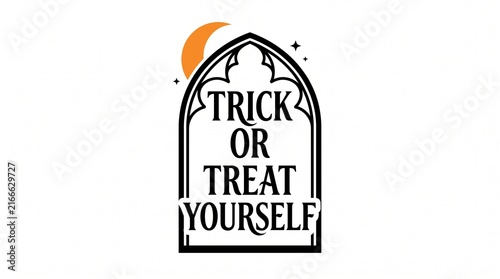 Trick or treat yourself typography in gothic arch frame with orange moon