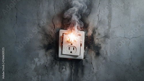 Electrical wall outlet sparking and smoking dangerously due to a severe short circuit failure on a dark textured concrete background captured in this cinematic view
