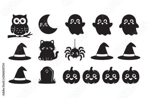 Halloween Silhouettes Owl Ghosts Witch Hats And Pumpkins On White