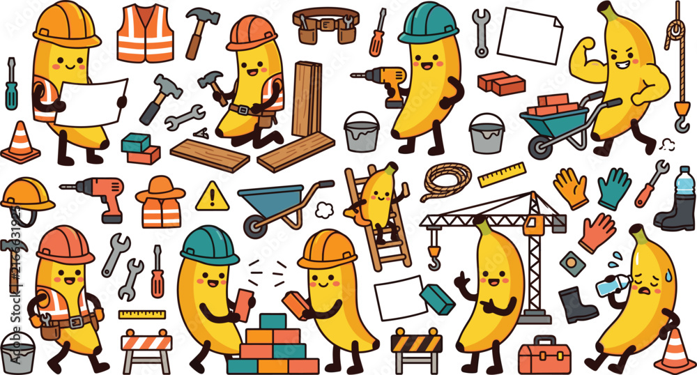 Obraz premium Cute banana worker cartoon character vector set with construction tools hard hats safety gear and site equipment for fun industrial branding