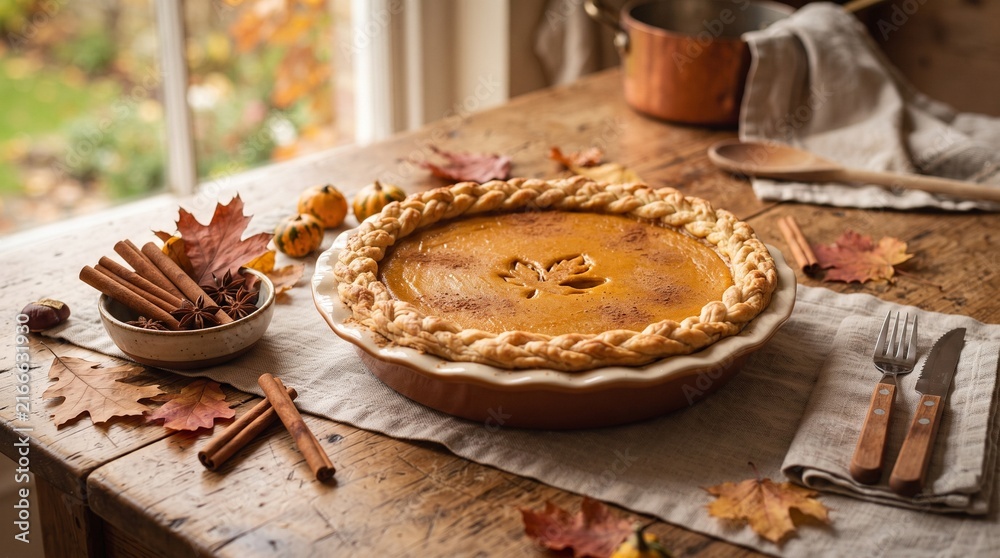 Fototapeta premium Homemade pumpkin pie with braided crust on a rustic wooden table