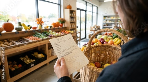Person holding a handwritten shopping list, checking off items in a grocery store produce section, with a basket of fresh fruits