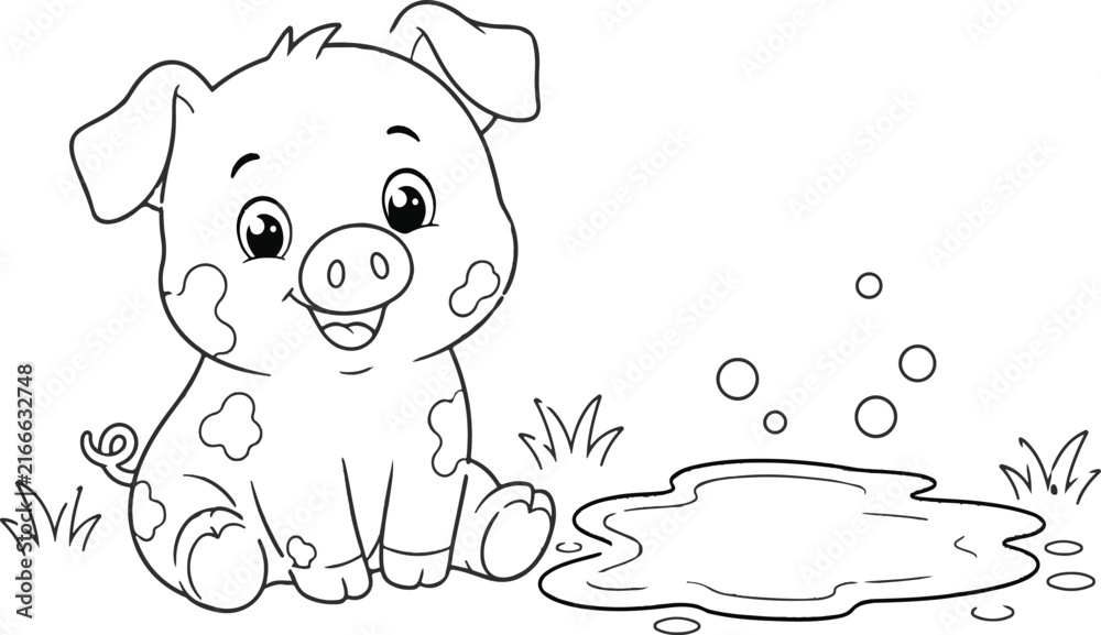 Fototapeta premium Cartoon pig playing in a puddle black and white line art