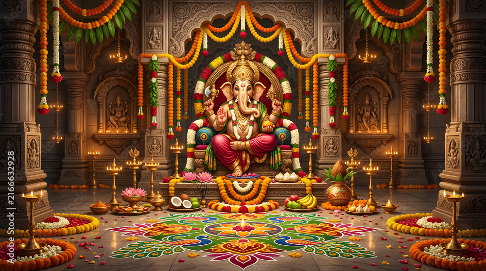 Fototapeta premium Lord Ganesha idol in a decorated temple sanctum.