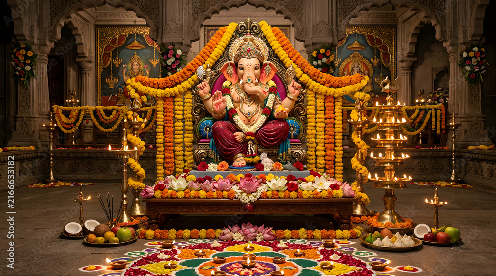 Fototapeta premium Lord Ganesha idol on decorated altar for Ganesh Chaturthi.
