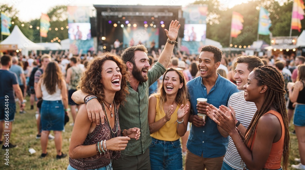 Obraz premium Diverse group of joyful friends laughing and clapping while enjoying live music performance at summer outdoor festival with cheering laughing happy group entertainment lifestyle