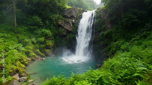 Majestic waterfall cascading into turquoise pool surrounded by lush green forest and ferns, misty atmosphere, pristine natural landscape