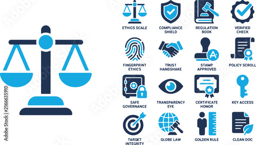 Professional collection of law and legal justice icons featuring scales of justice governance symbols compliance shields and ethics regulation graphic elements