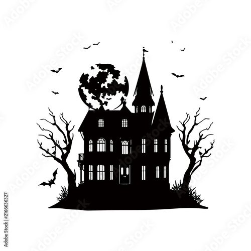Spooky Halloween Haunted House Silhouette with Full Moon and Flying Bats Vector