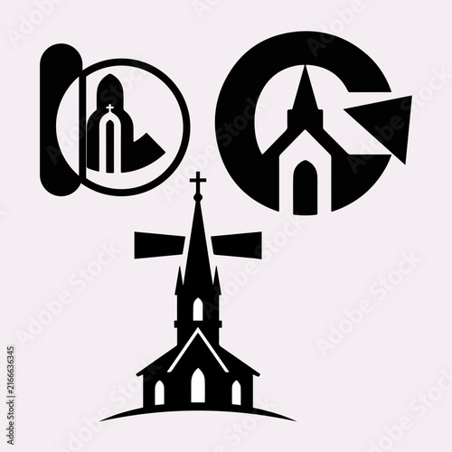 Church Silhouette Logo Set with Steeple Cross and Arrow Elements Vector