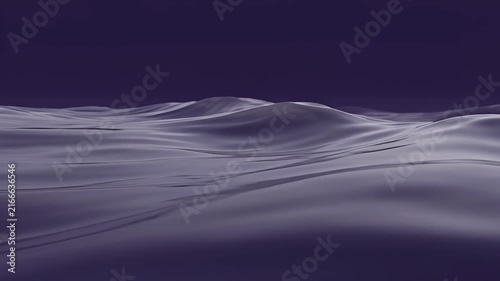 Abstract liquid water surface flowing in undulating waves, smooth purple background, dark twilight sky, digital animation, fluid motion, seamless loop, atmospheric backdrop