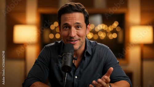 Man Speaking Into Microphone in Studio - Close-up of podcast host in front of studio lights, with warm ambiance