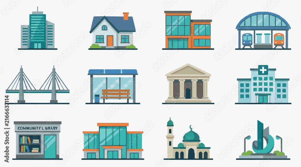 Obraz premium Elegant Colorful Illustrated Icons Set of Diverse Urban Buildings and Landmarks with Modern and Classic Designs