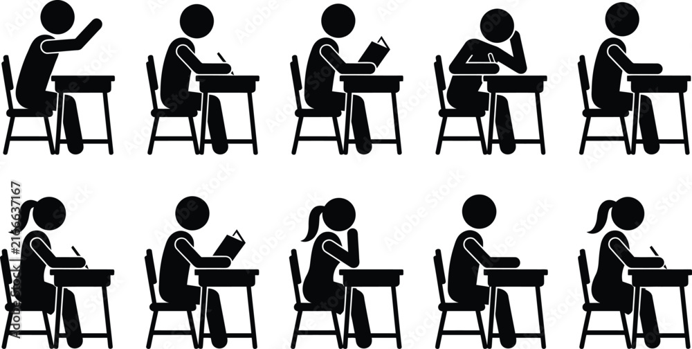 Fototapeta premium Student Classroom Activity Silhouette Icon Set Featuring Reading Writing Hand Raising Thinking and Learning Poses, Black Stick Figure Education Vector Collection