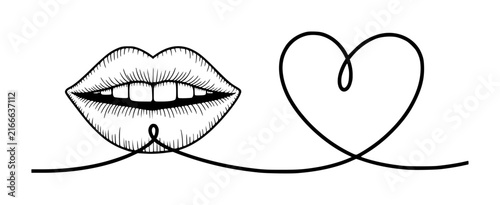 Minimalist line featuring human lips connected to a heart shape symbol on a white background