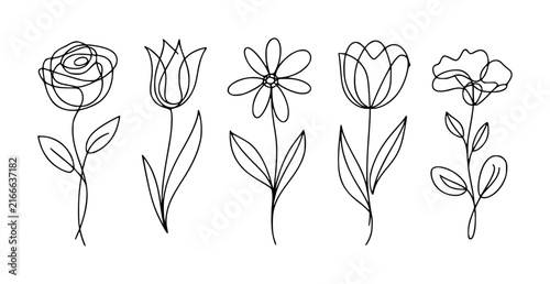 Minimalist set of five different flowers drawn in a single continuous line style on a plain white background