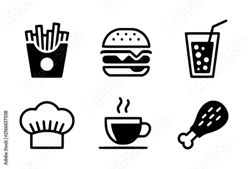 Set of black and white representing fast food a chef hat, and a hot beverage for restaurant menus