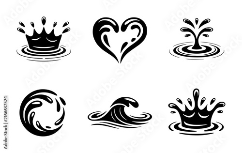 Set of black and white water splash featuring crowns, hearts, waves, and ripples for projects