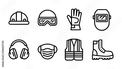 Set of personal protective equipment including hard hat, safety goggles, gloves, mask, and work boots