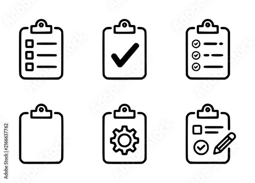 Set of six black and white clipboard with various checklist, task management, and business process symbols