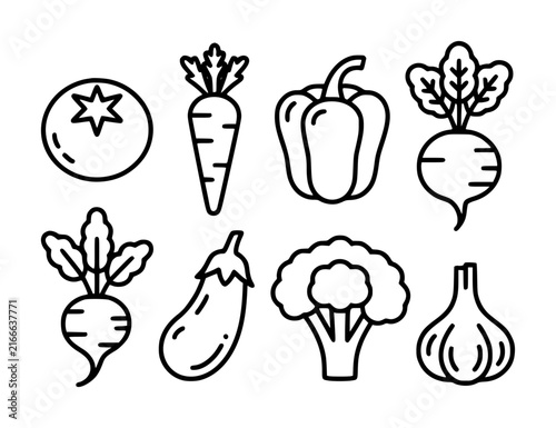 Set of simple black and white line featuring various fresh vegetables and healthy food ingredients