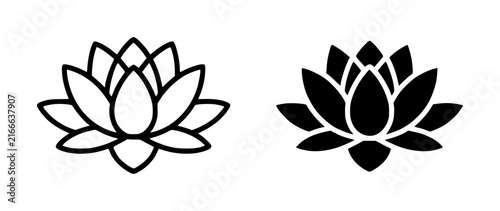 Set of two lotus flower one in outline style and one in solid black silhouette on a white background