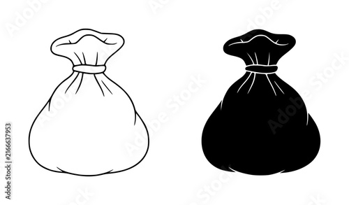 Set of two simple sack one outlined and one solid black silhouette, isolated on a white background