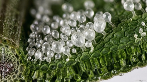 Microscopic view of plant trichomes with clear droplets on green leaf surface