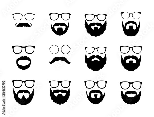 Set of various hipster style glasses, mustaches, and beards isolated on a white background for
