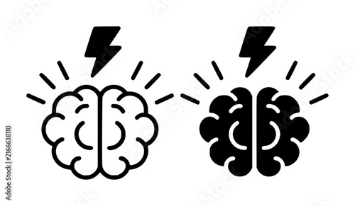 Two brain with lightning bolts representing brainstorming, creative thinking, and intellectual energy concepts
