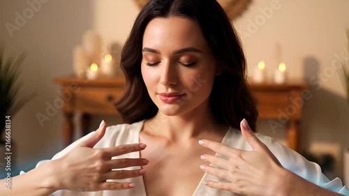 Woman practicing energy healing meditation with hands above head and chest, serene atmosphere, mental well-being, spiritual energy flow, wellness ritual