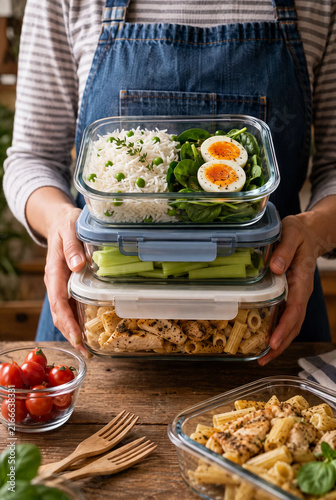 Close up of hands holding glass lunch box containers filled with rice, boiled eggs, spinach, and chicken pasta