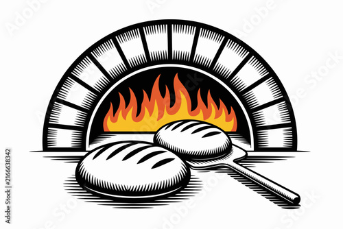 Wood-fired oven baking fresh loaves of bread with a metal peel in a classic engraved style